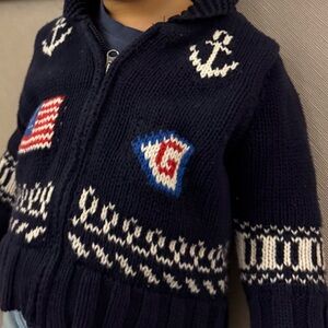 Navy Nautical Zip-Up Knit Navy Cardigan with Anchor Motifs